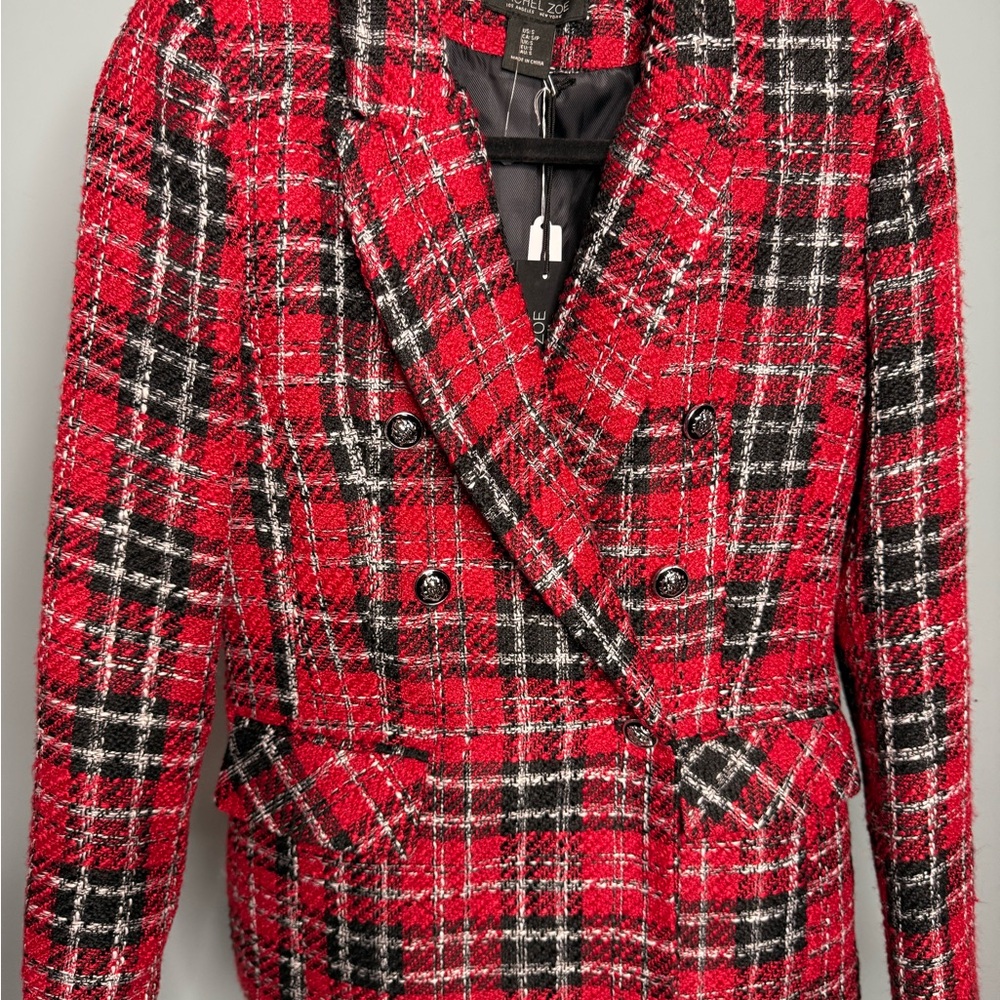 Rachel Zoe Red and Black Plaid Blazer with Notched Lapels - Picture 3 of 7